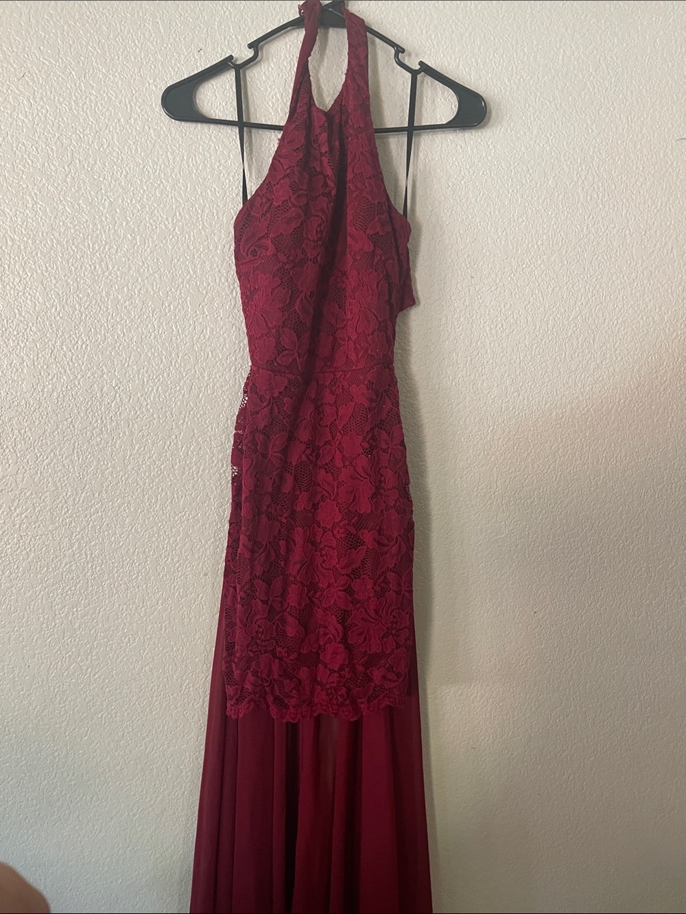 Halter Neck Lace Maxi Dress in Burgundy